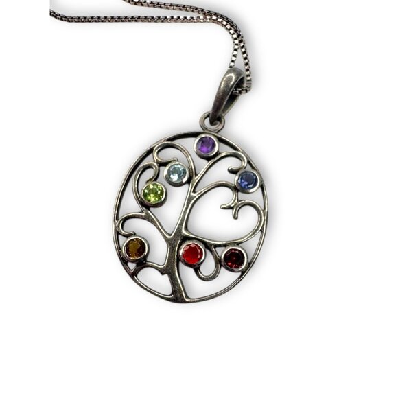 Sterling Silver Tree Of Life Gemstone Pendant Necklace 925 Box Chain 24" - Picture 2 of 9